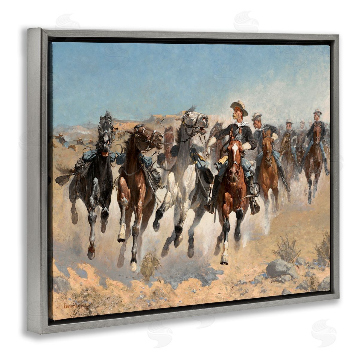 Lettered and Lined Galloping Horses Herd Cowboys Trotting Desert Sand Gray Floating Frame Canvas Wall Art Print
