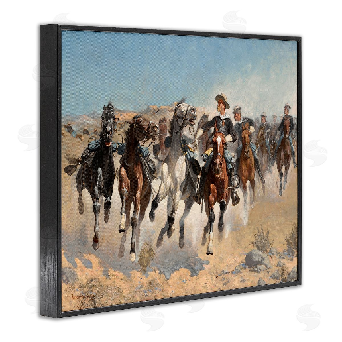 Lettered and Lined Galloping Horses Herd Cowboys Trotting Desert Sand Black Framed Giclee Wall Art Print