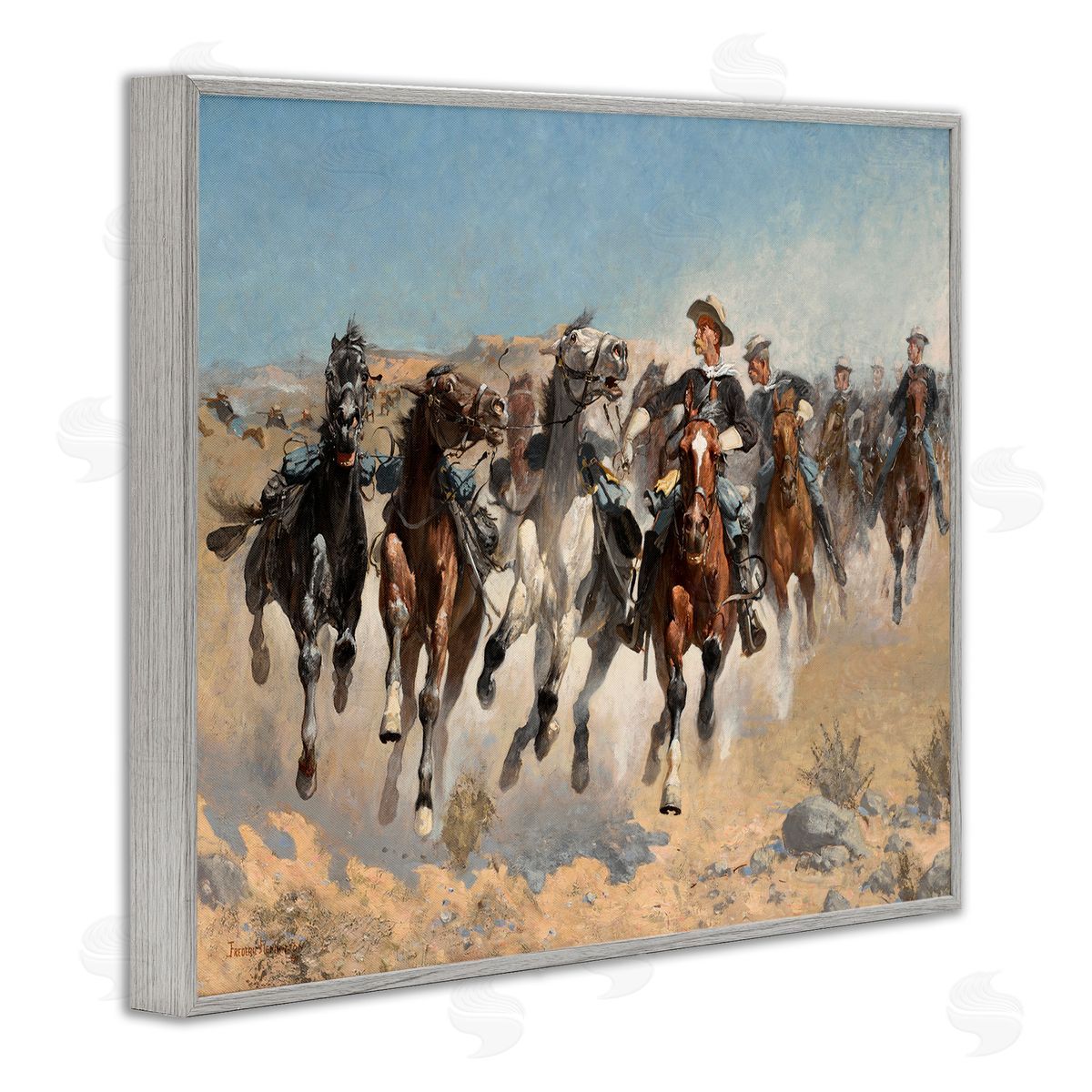 Lettered and Lined Galloping Horses Herd Cowboys Trotting Desert Sand Gray Framed Giclee Wall Art Print