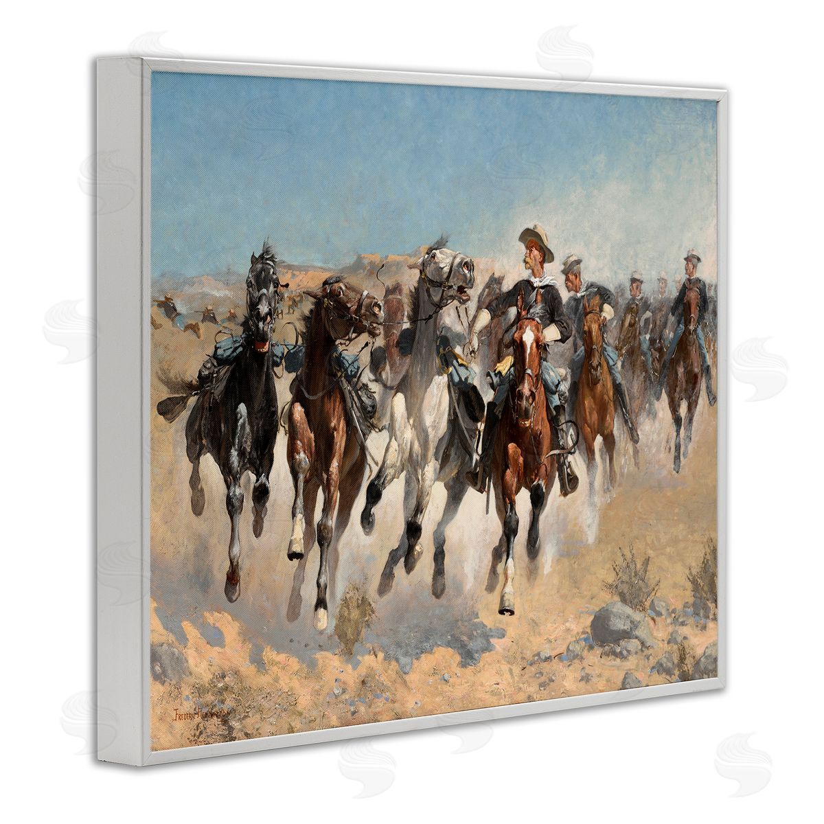 Lettered and Lined Galloping Horses Herd Cowboys Trotting Desert Sand White Framed Giclee Wall Art Print