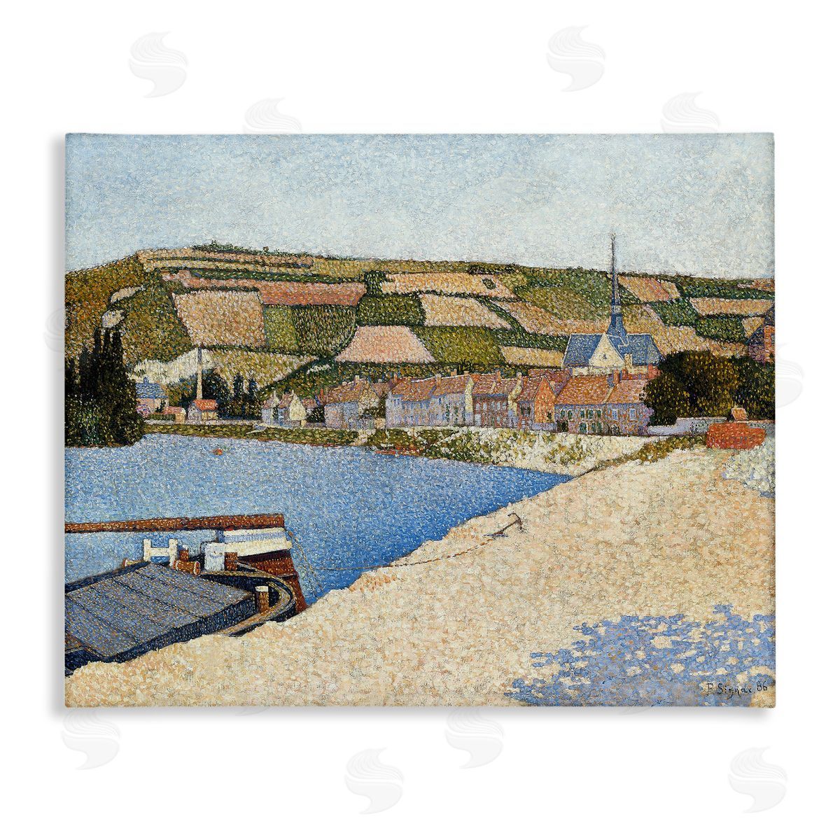 Lettered and Lined Rural Waterside Town Boat Dock Distant Farmland  Stretched Canvas Wall Art Print