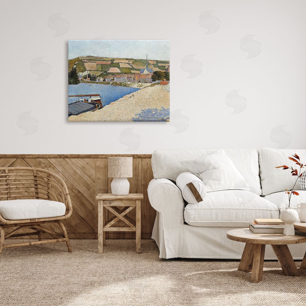 Lettered and Lined Rural Waterside Town Boat Dock Distant Farmland  Canvas Wall Art Print in Room