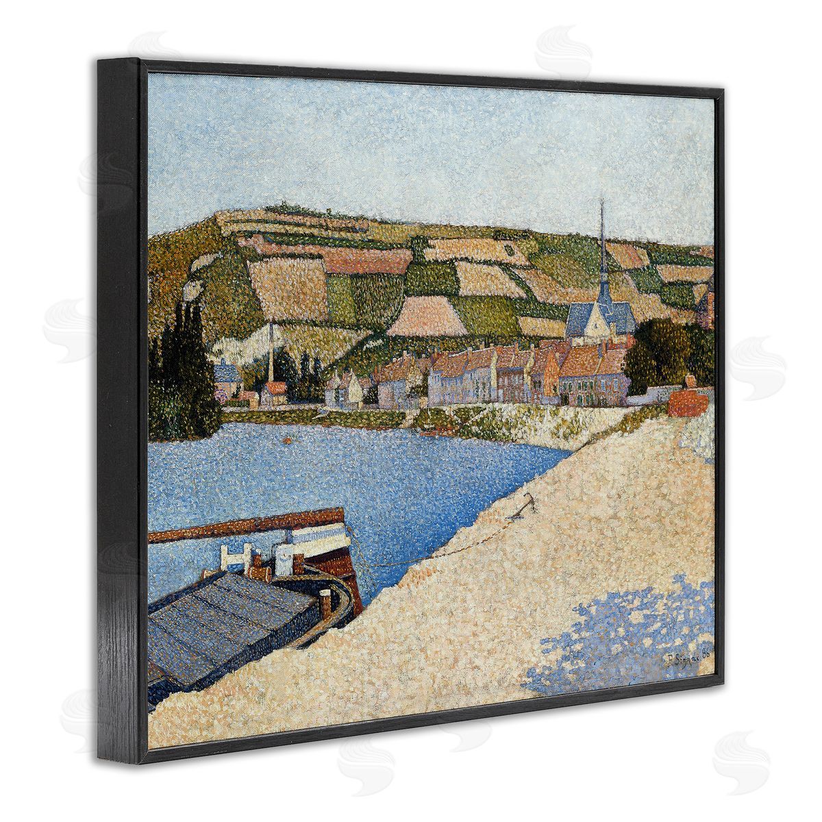 Lettered and Lined Rural Waterside Town Boat Dock Distant Farmland  Black Framed Giclee Wall Art Print