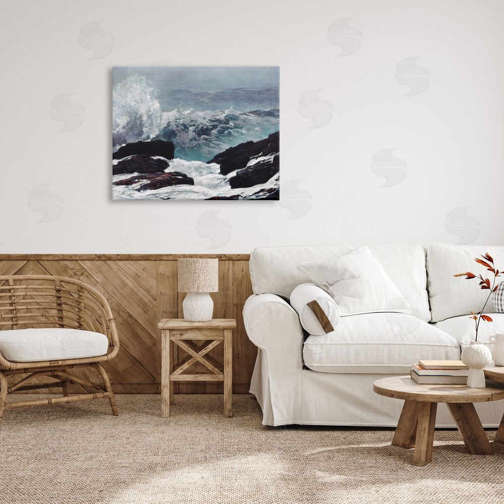 Lettered and Lined Crashing Waves Ocean Rocks Cliffs Rough Waters  Canvas Wall Art Print in Room