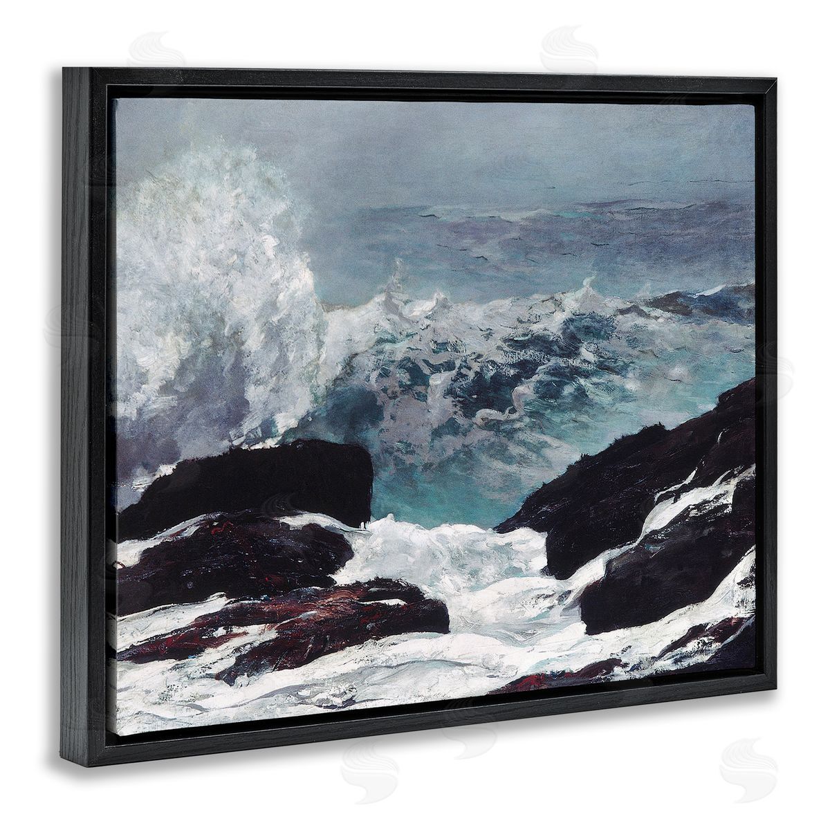 Lettered and Lined Crashing Waves Ocean Rocks Cliffs Rough Waters  Black Floating Frame Canvas Wall Art Print