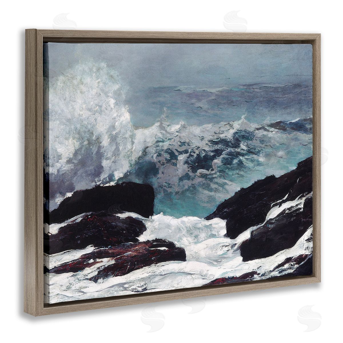 Lettered and Lined Crashing Waves Ocean Rocks Cliffs Rough Waters  Brown Floating Frame Canvas Wall Art Print