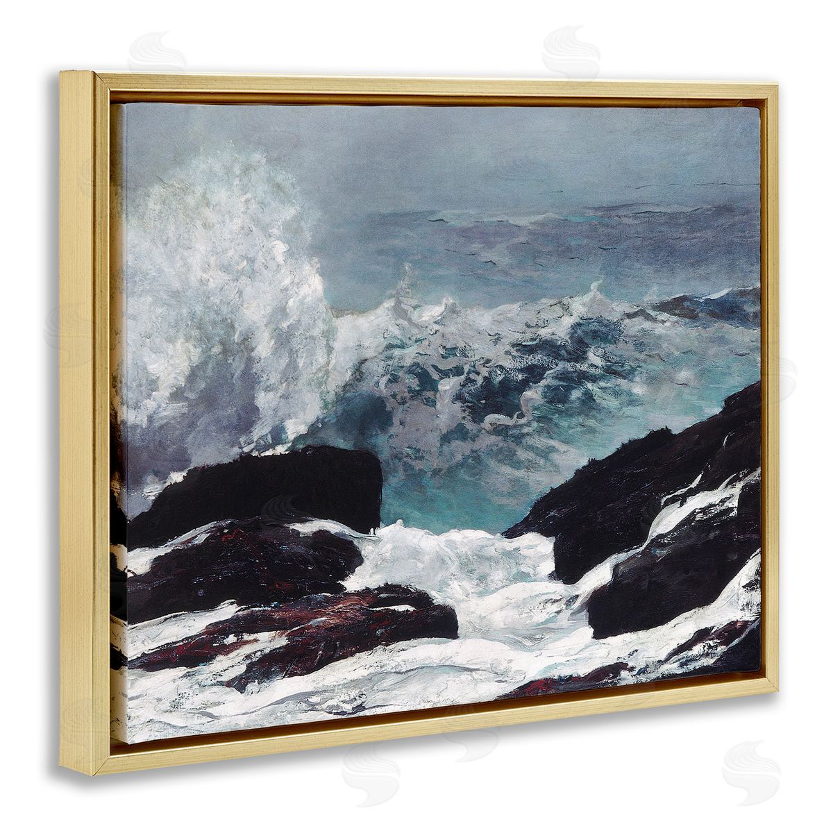 Lettered and Lined Crashing Waves Ocean Rocks Cliffs Rough Waters  Gold Floating Frame Canvas Wall Art Print