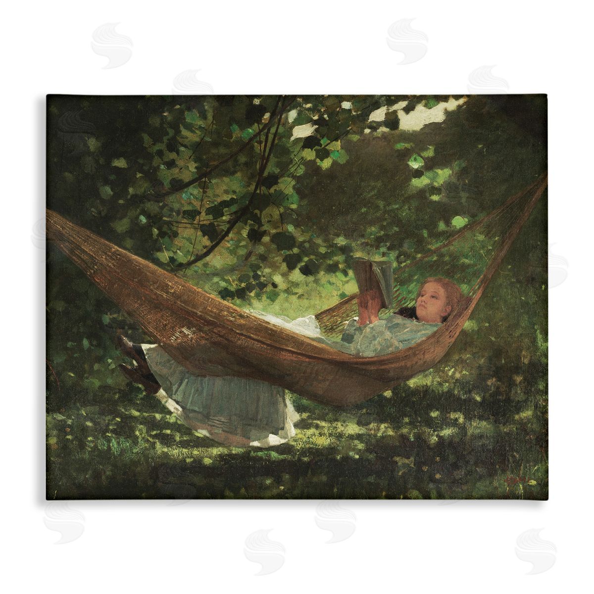 Lettered and Lined Girl Reading Book Hammock Classic Vintage Painting Stretched Canvas Wall Art Print