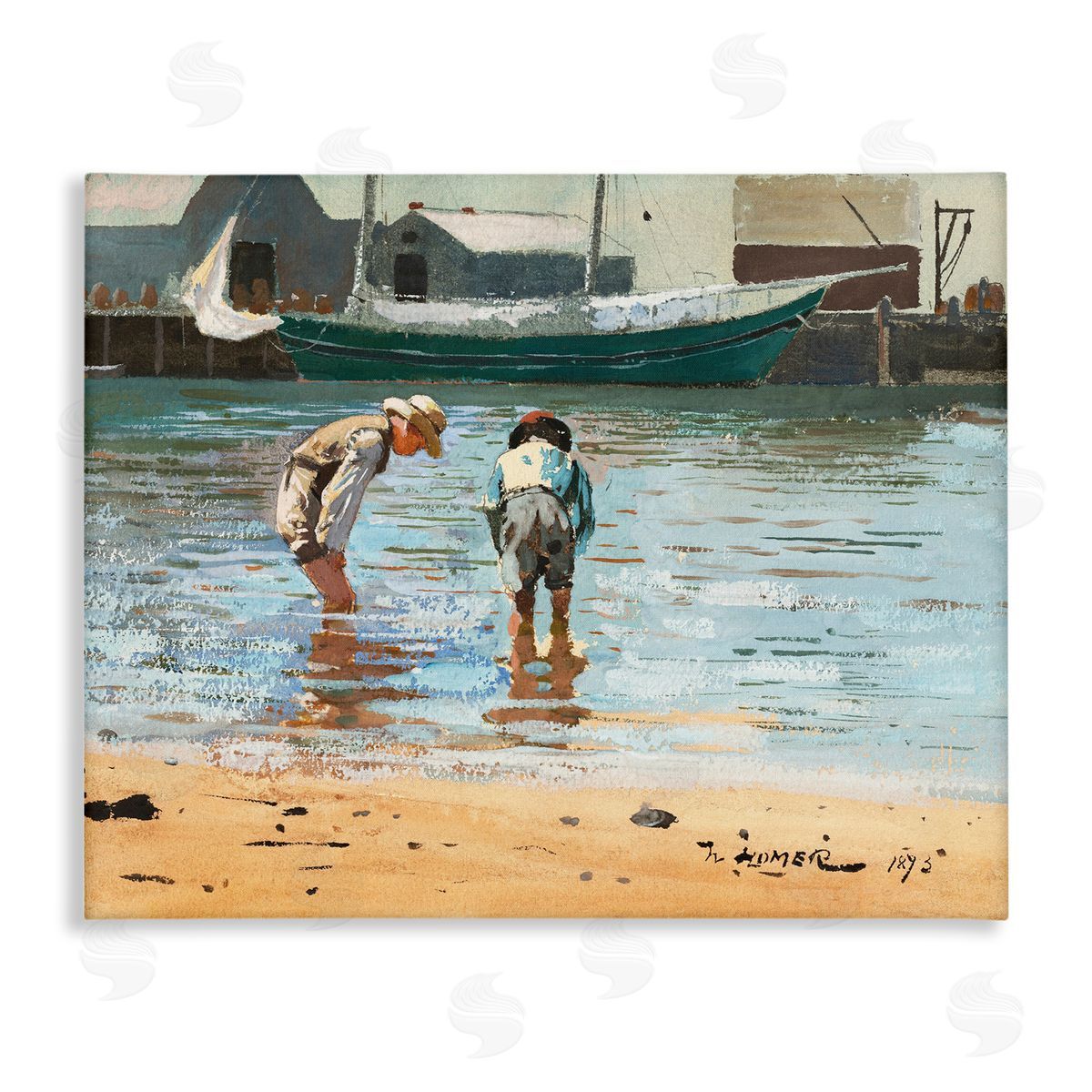 Lettered and Lined People Shoreline Beach Marina Searching Sea Life  Stretched Canvas Wall Art Print