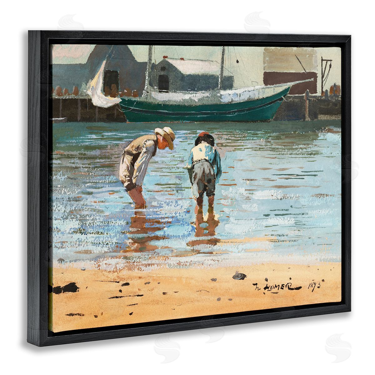 Lettered and Lined People Shoreline Beach Marina Searching Sea Life  Black Floating Frame Canvas Wall Art Print