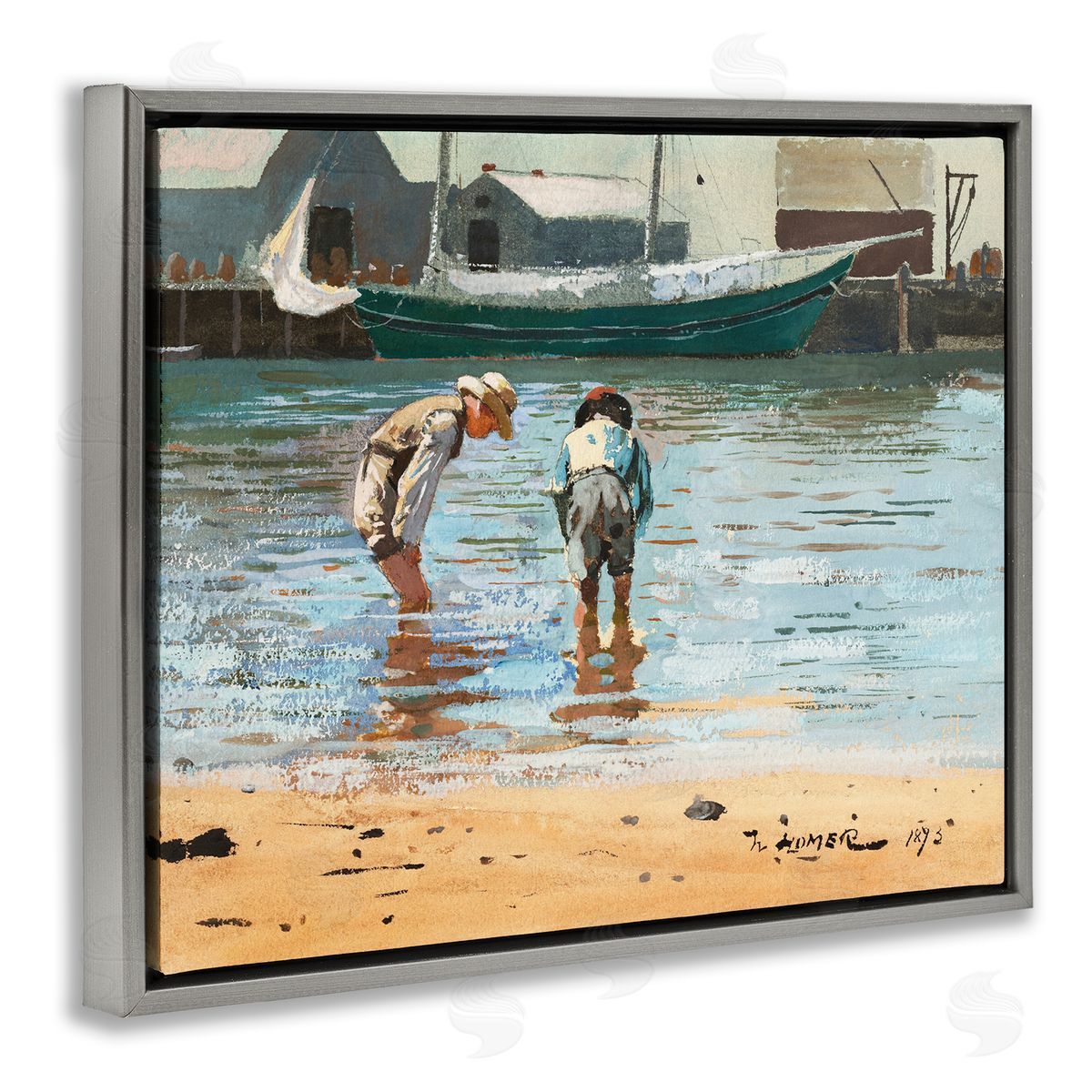 Lettered and Lined People Shoreline Beach Marina Searching Sea Life  Gray Floating Frame Canvas Wall Art Print