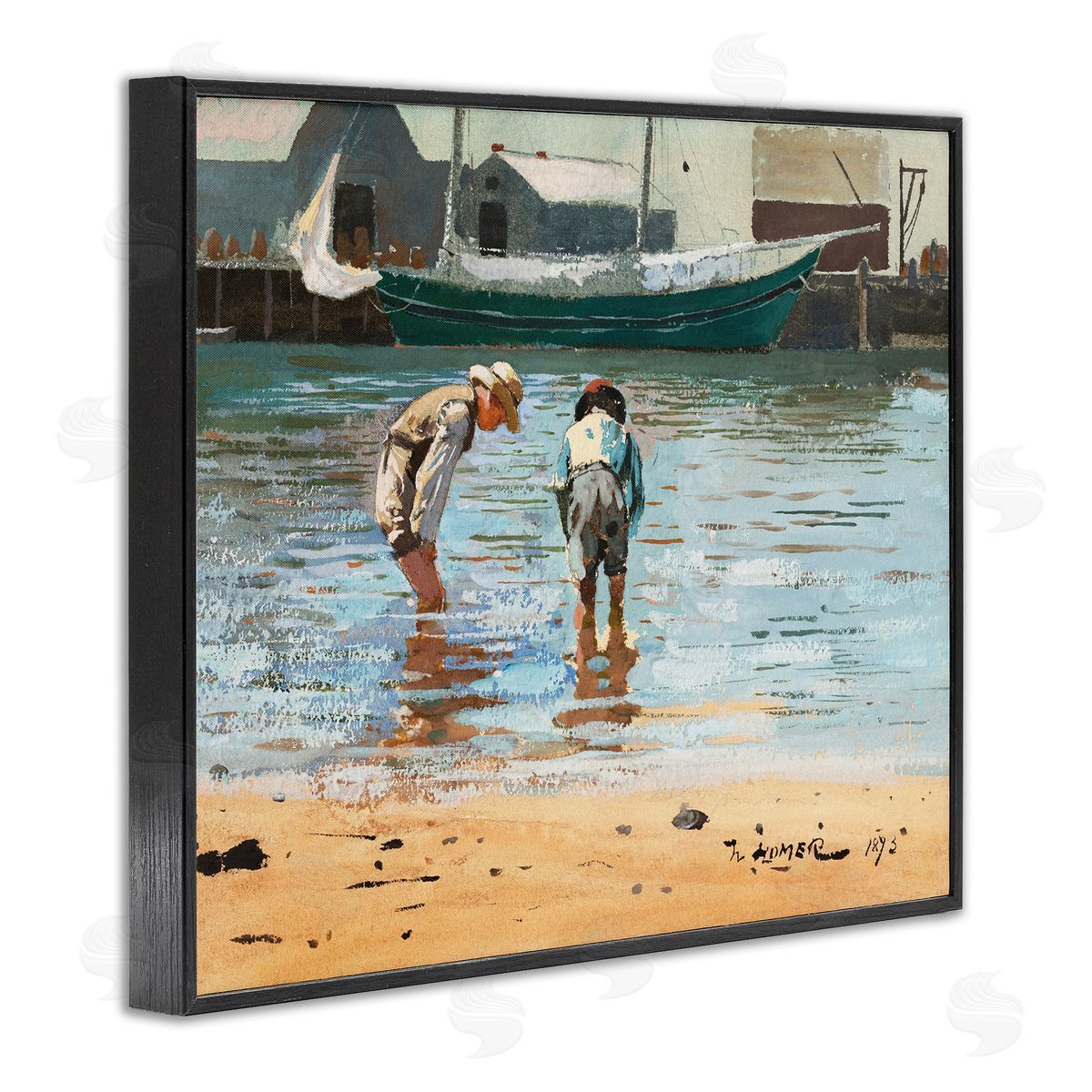 Lettered and Lined People Shoreline Beach Marina Searching Sea Life  Black Framed Giclee Wall Art Print