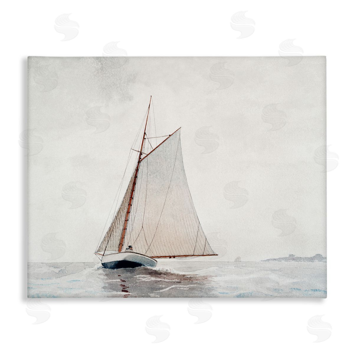 Lettered and Lined Sailboat Foggy Weather Clouds Ocean Waves Crashing Stretched Canvas Wall Art Print