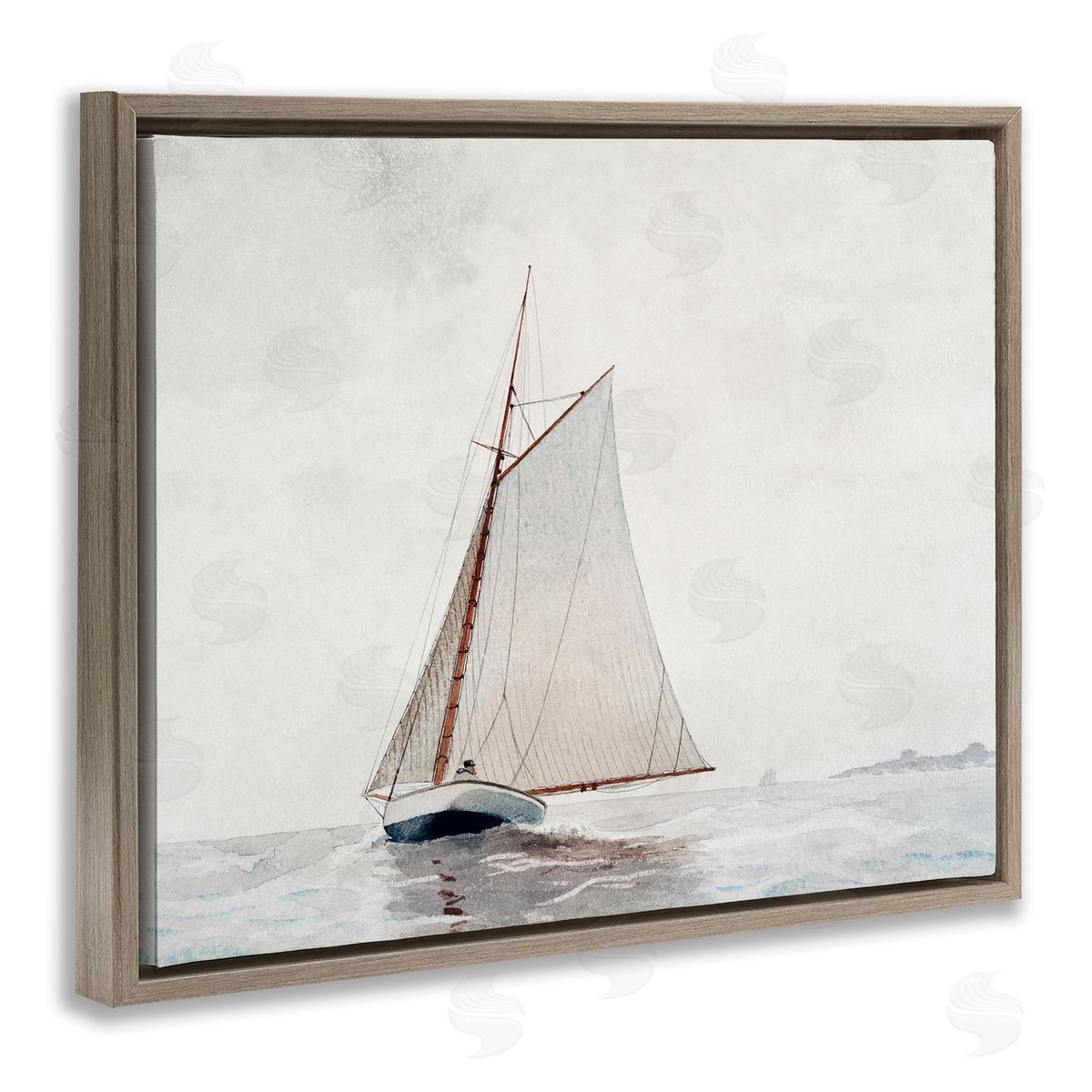 Lettered and Lined Sailboat Foggy Weather Clouds Ocean Waves Crashing Brown Floating Frame Canvas Wall Art Print