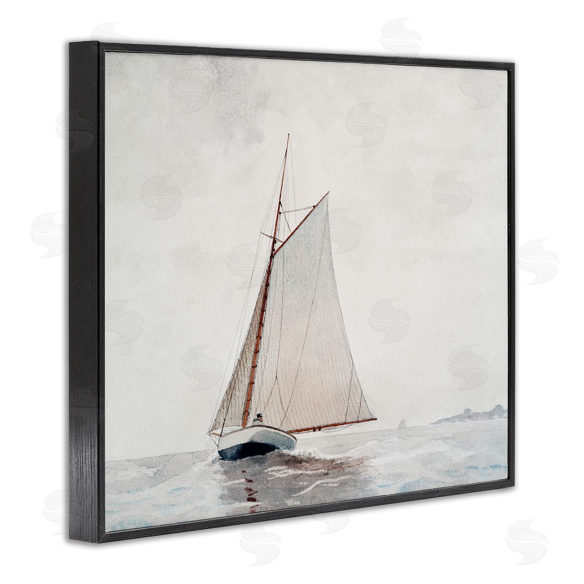 Lettered and Lined Sailboat Foggy Weather Clouds Ocean Waves Crashing Black Framed Giclee Wall Art Print