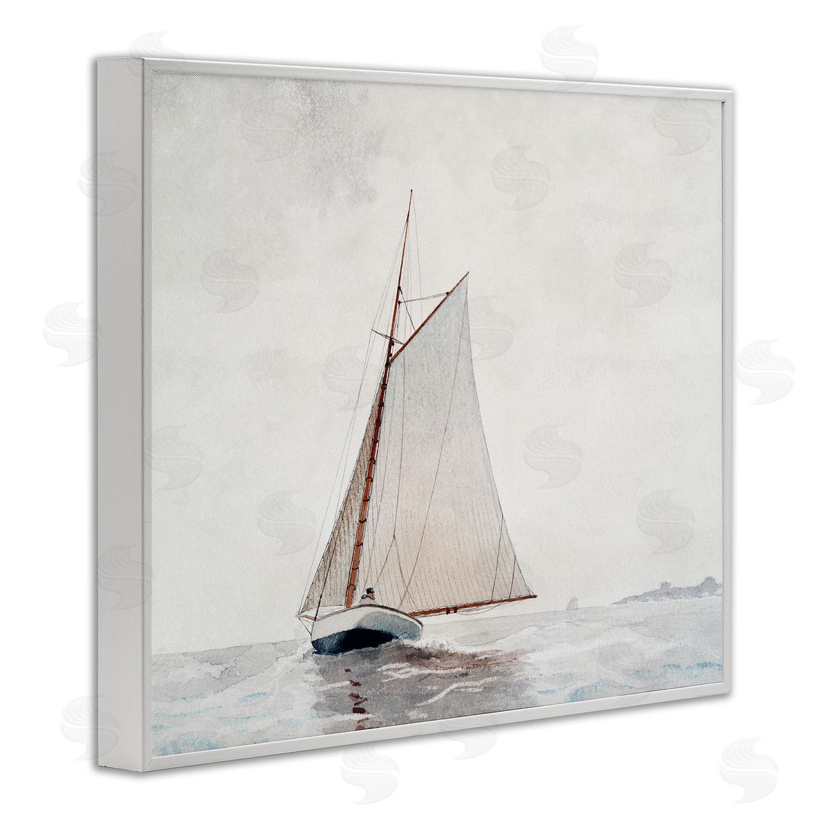 Lettered and Lined Sailboat Foggy Weather Clouds Ocean Waves Crashing White Framed Giclee Wall Art Print
