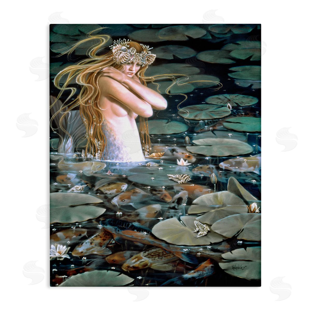 Sheila Wolk Mermaid Swimming Among Water Lilies Koi Pond Stretched Canvas Wall Art Print