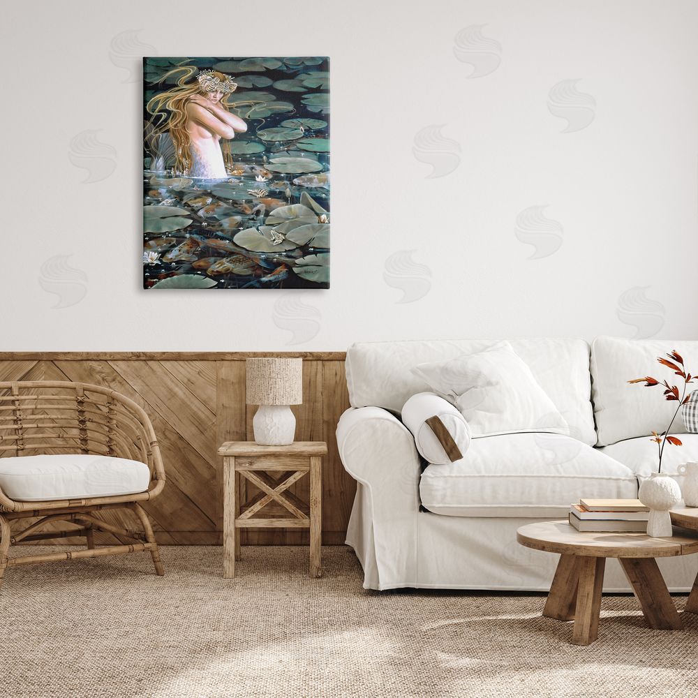 Sheila Wolk Mermaid Swimming Among Water Lilies Koi Pond Canvas Wall Art Print in Room