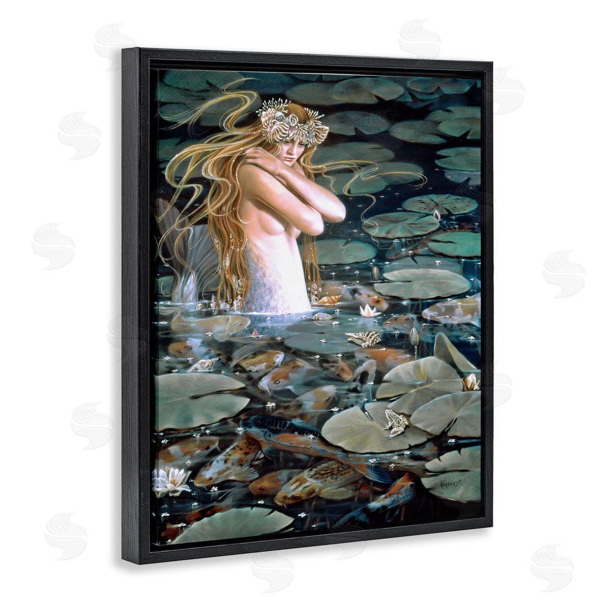 Sheila Wolk Mermaid Swimming Among Water Lilies Koi Pond Black Floating Frame Canvas Wall Art Print