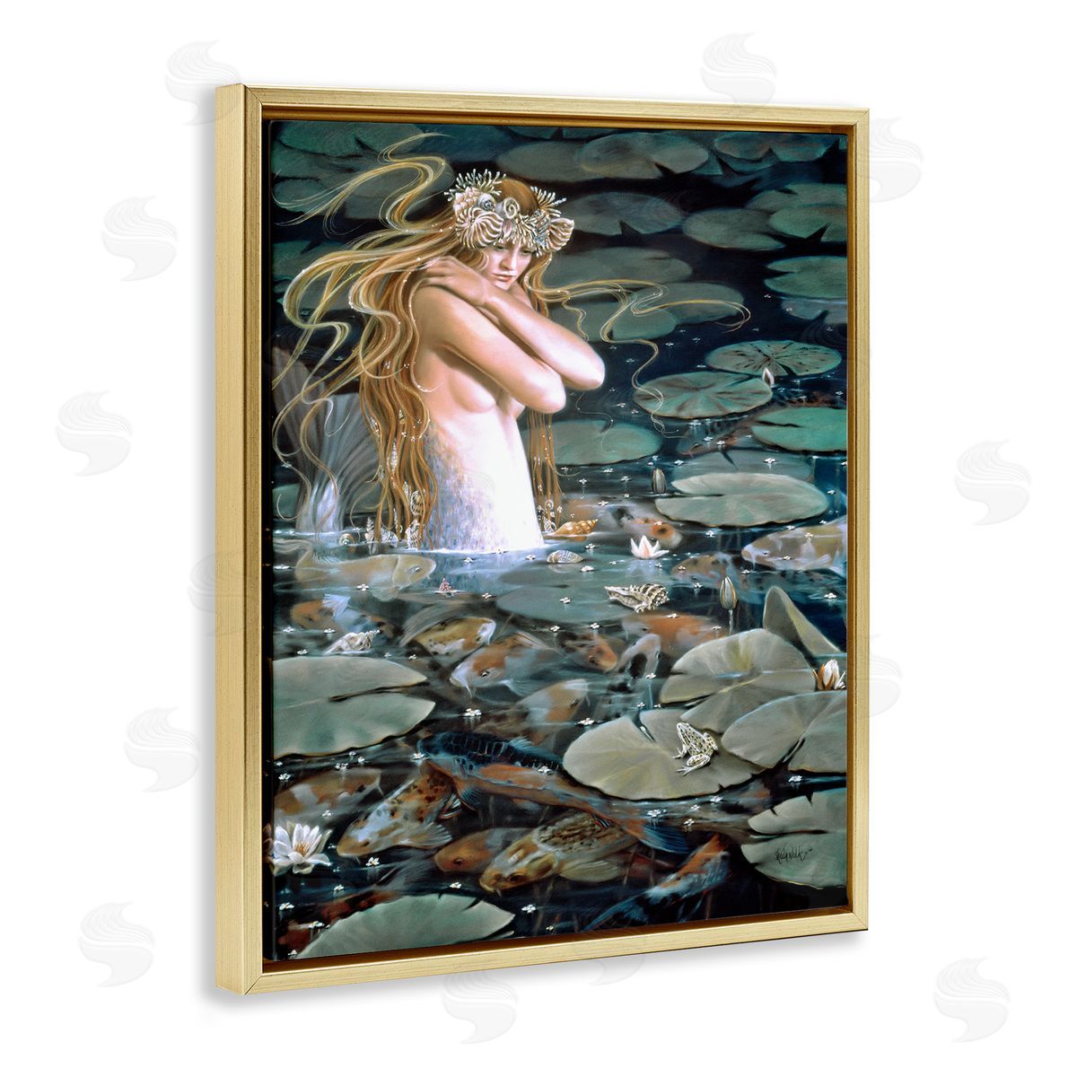 Sheila Wolk Mermaid Swimming Among Water Lilies Koi Pond Gold Floating Frame Canvas Wall Art Print