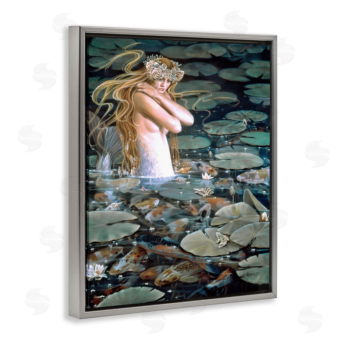 Sheila Wolk Mermaid Swimming Among Water Lilies Koi Pond Gray Floating Frame Canvas Wall Art Print
