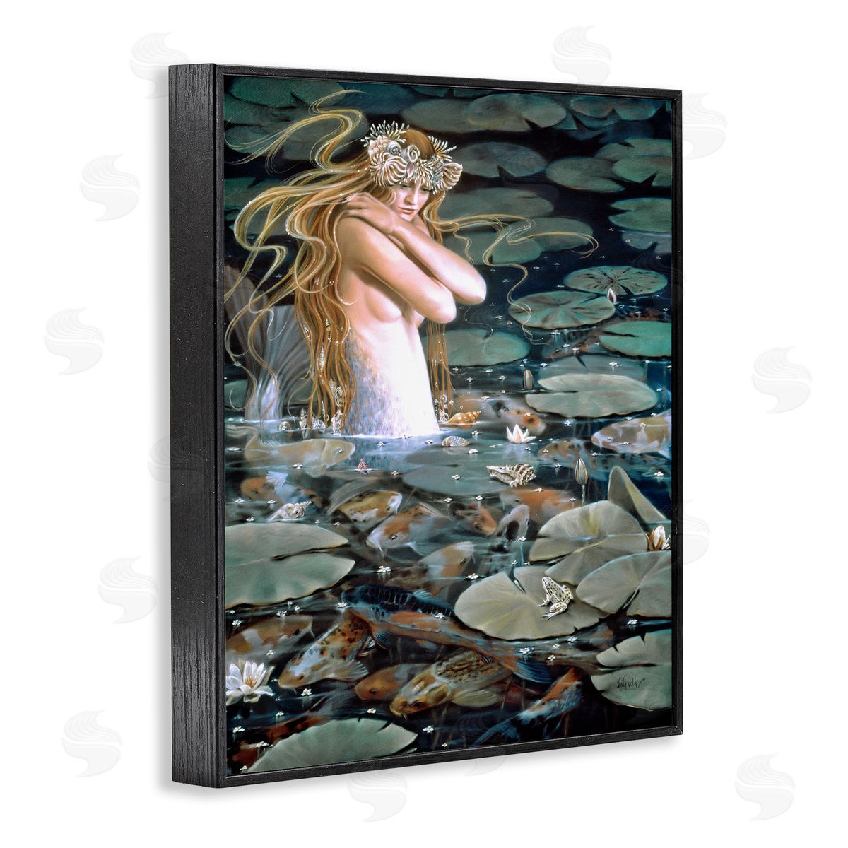 Sheila Wolk Mermaid Swimming Among Water Lilies Koi Pond Black Framed Giclee Wall Art Print