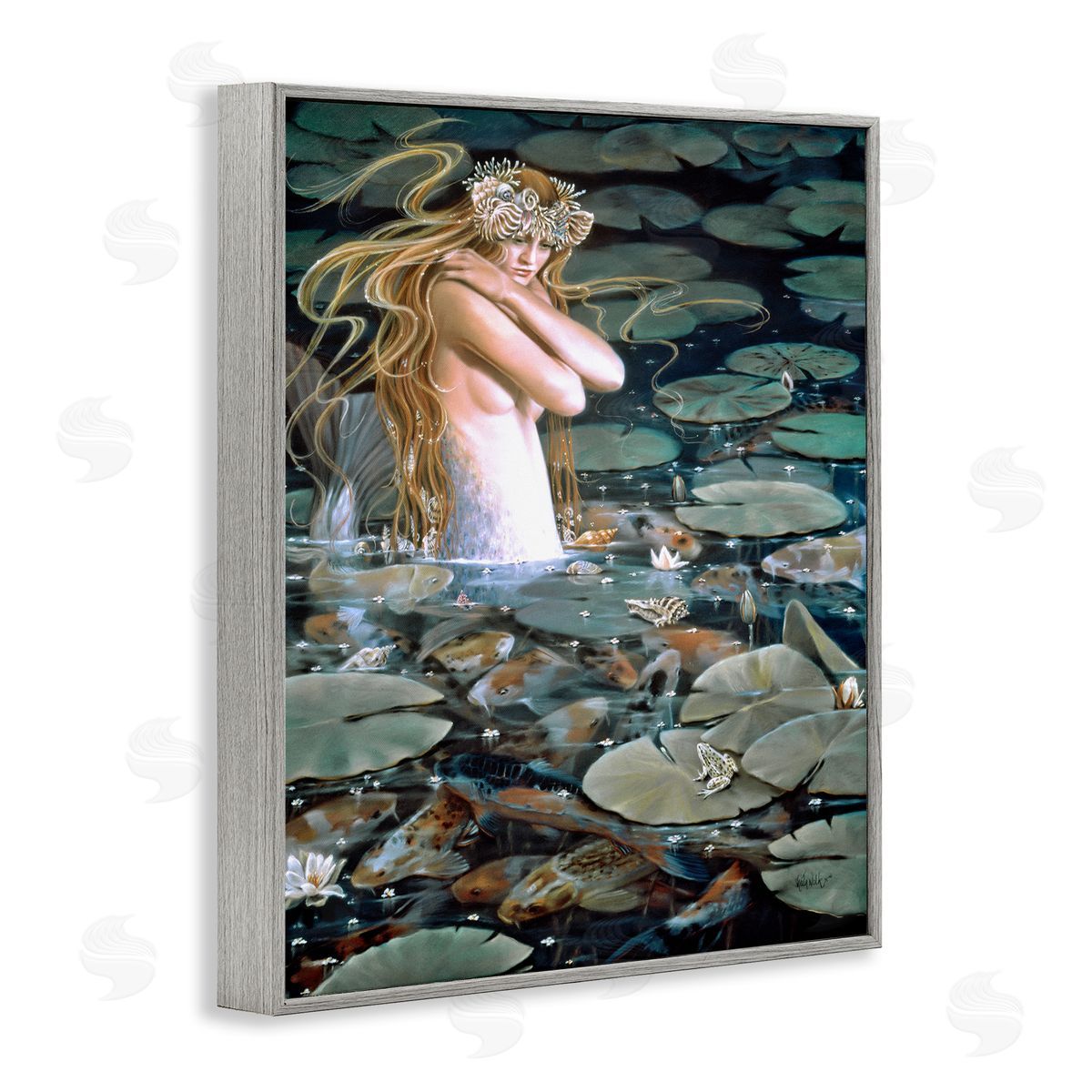 Sheila Wolk Mermaid Swimming Among Water Lilies Koi Pond Gray Framed Giclee Wall Art Print