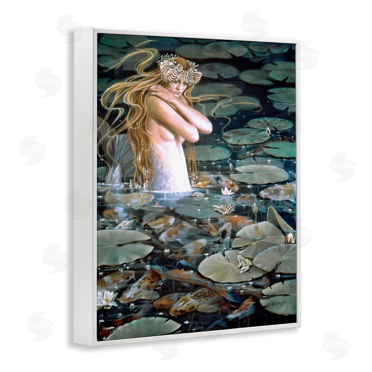 Sheila Wolk Mermaid Swimming Among Water Lilies Koi Pond White Framed Giclee Wall Art Print