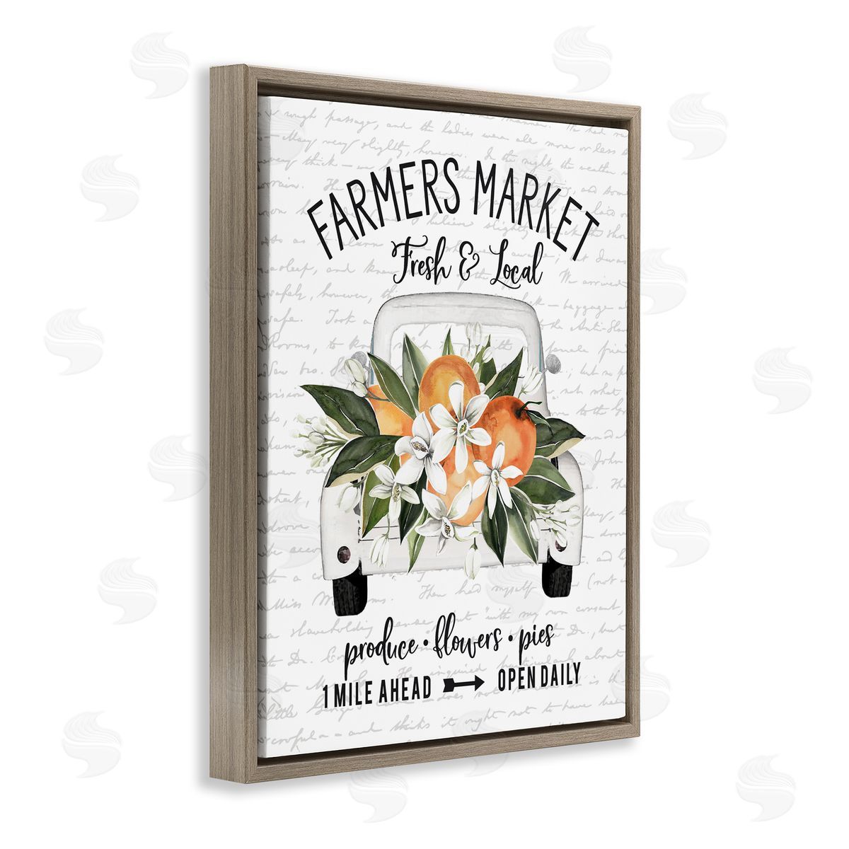 Lettered and Lined Farmers Market Orange Blossom Truckload Rustic Sign  Brown Floating Frame Canvas Wall Art Print