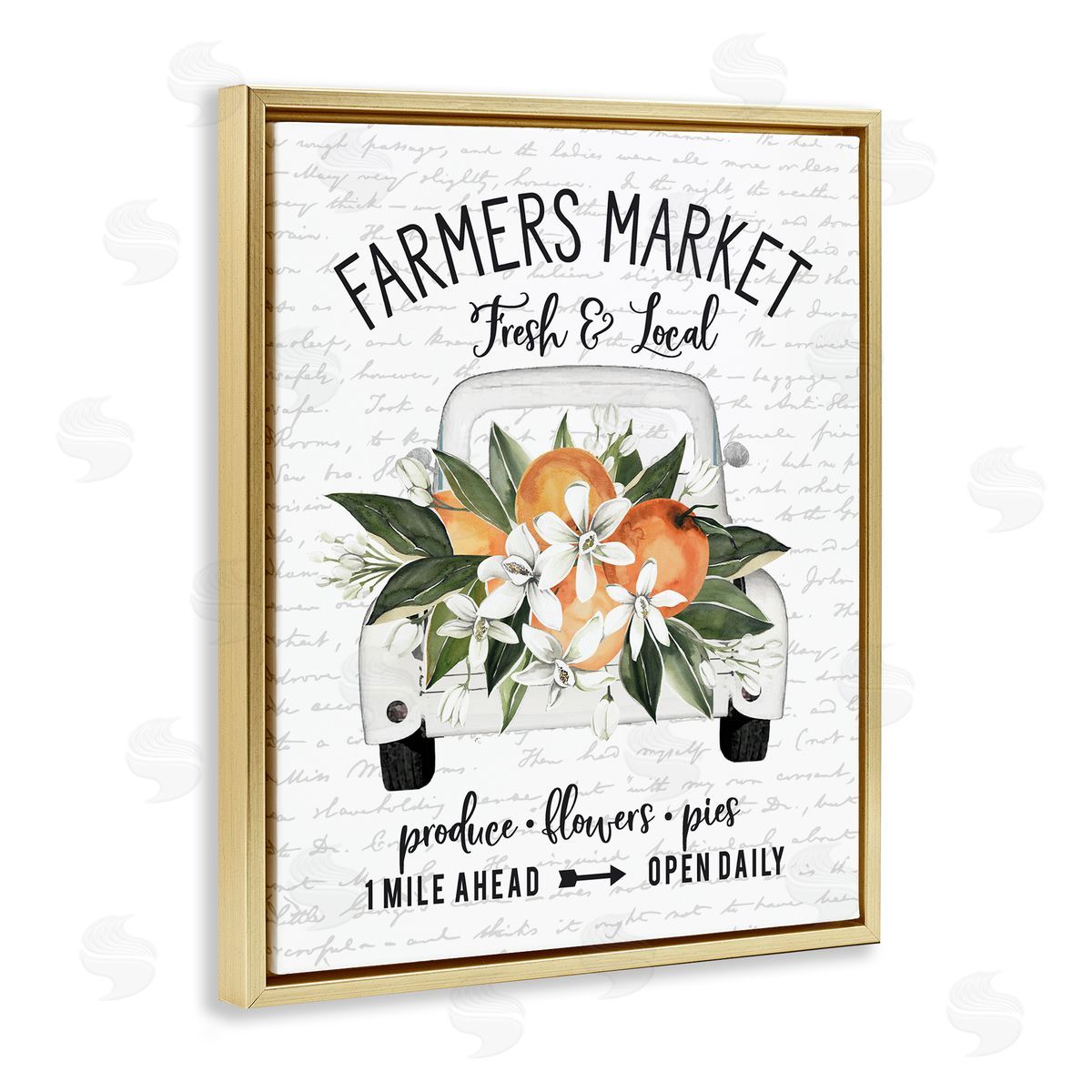 Lettered and Lined Farmers Market Orange Blossom Truckload Rustic Sign  Gold Floating Frame Canvas Wall Art Print