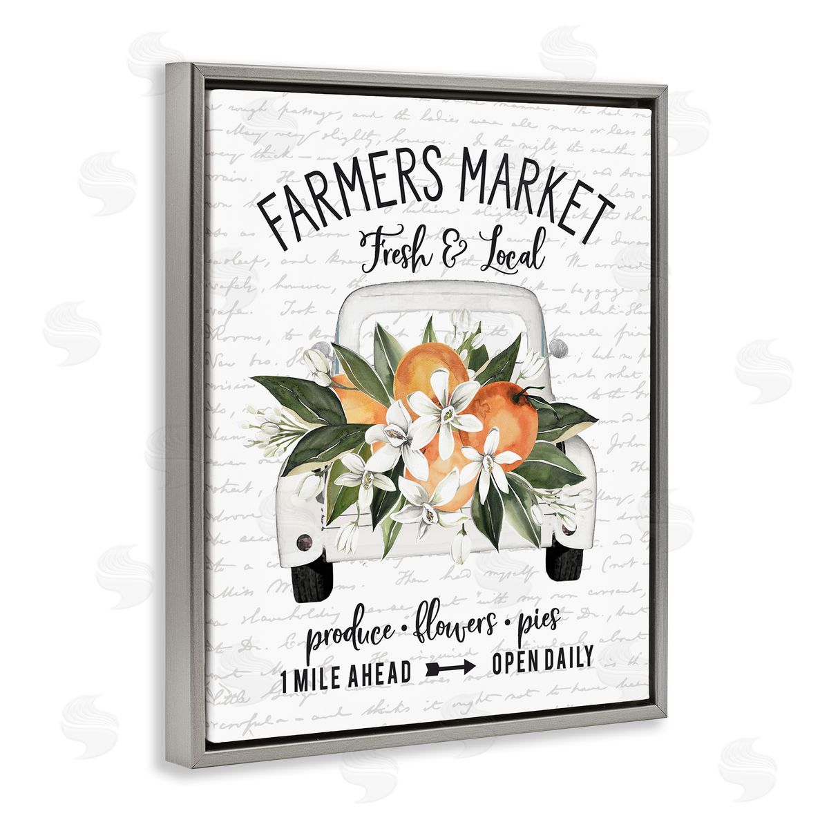 Lettered and Lined Farmers Market Orange Blossom Truckload Rustic Sign  Gray Floating Frame Canvas Wall Art Print