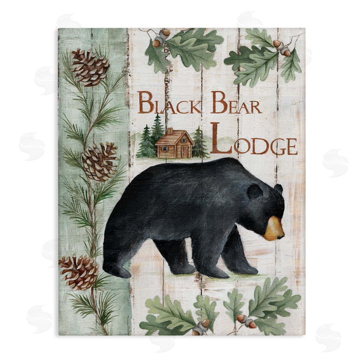 Emma Leach Black Bear Lodge Rustic Cabin Botanicals Sign Stretched Canvas Wall Art Print