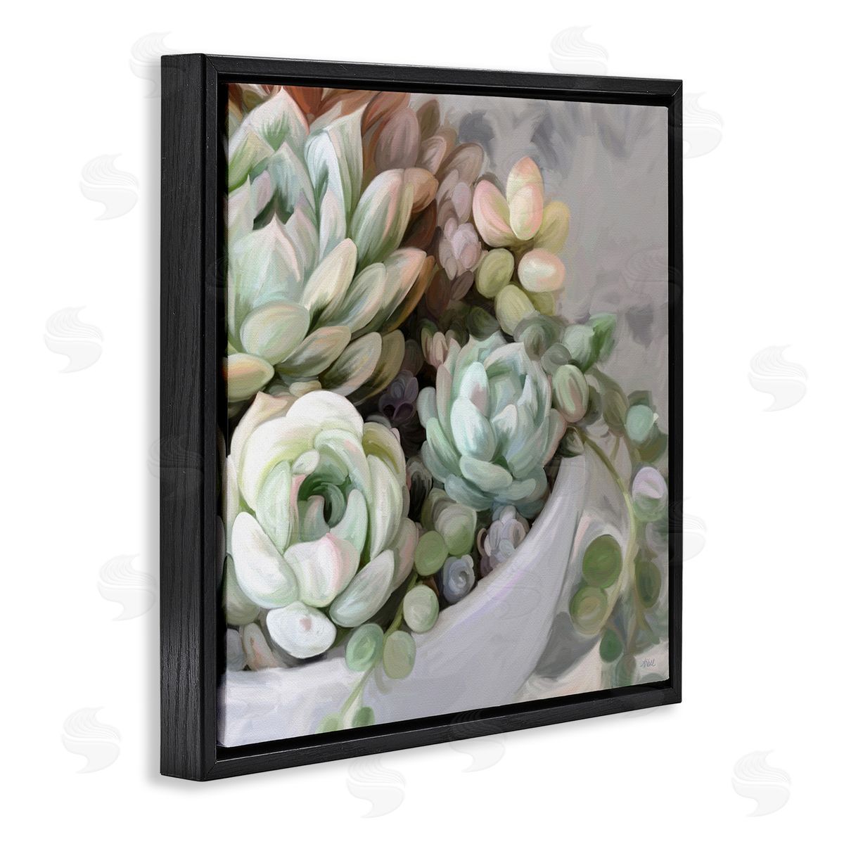 Amy Hall Botanical Succulent Arrangement Potted Floral Blossoms  Black Floating Frame Canvas Wall Art Print