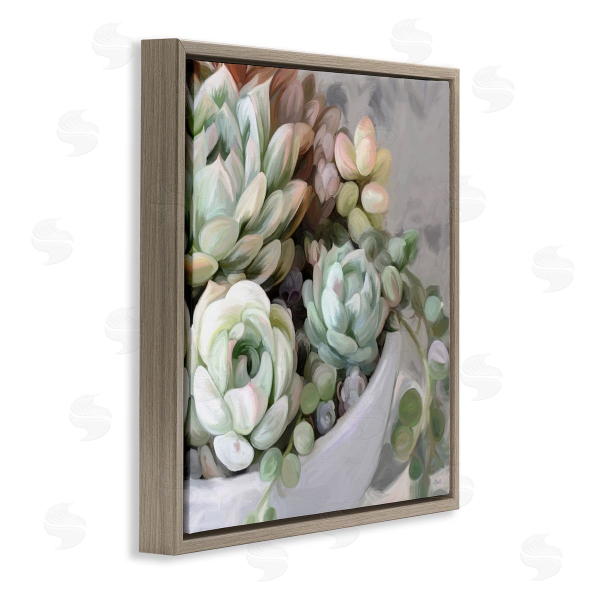 Amy Hall Botanical Succulent Arrangement Potted Floral Blossoms  Brown Floating Frame Canvas Wall Art Print