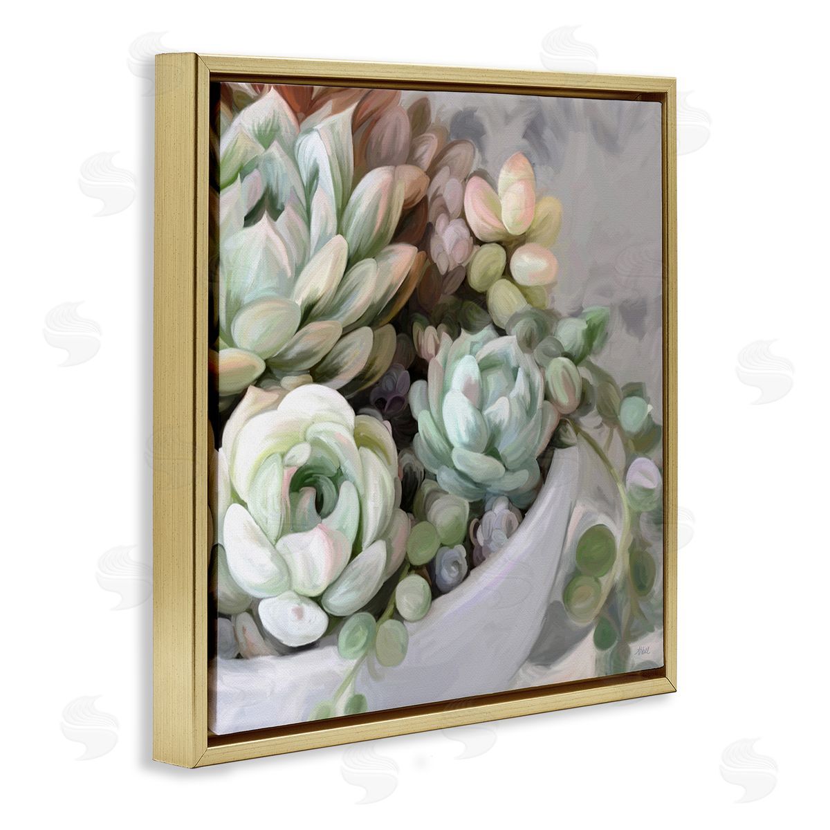 Amy Hall Botanical Succulent Arrangement Potted Floral Blossoms  Gold Floating Frame Canvas Wall Art Print