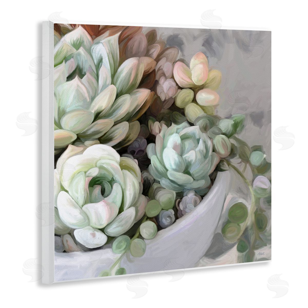Amy Hall Botanical Succulent Arrangement Potted Floral Blossoms  Wooden Wall Plaque Art Print