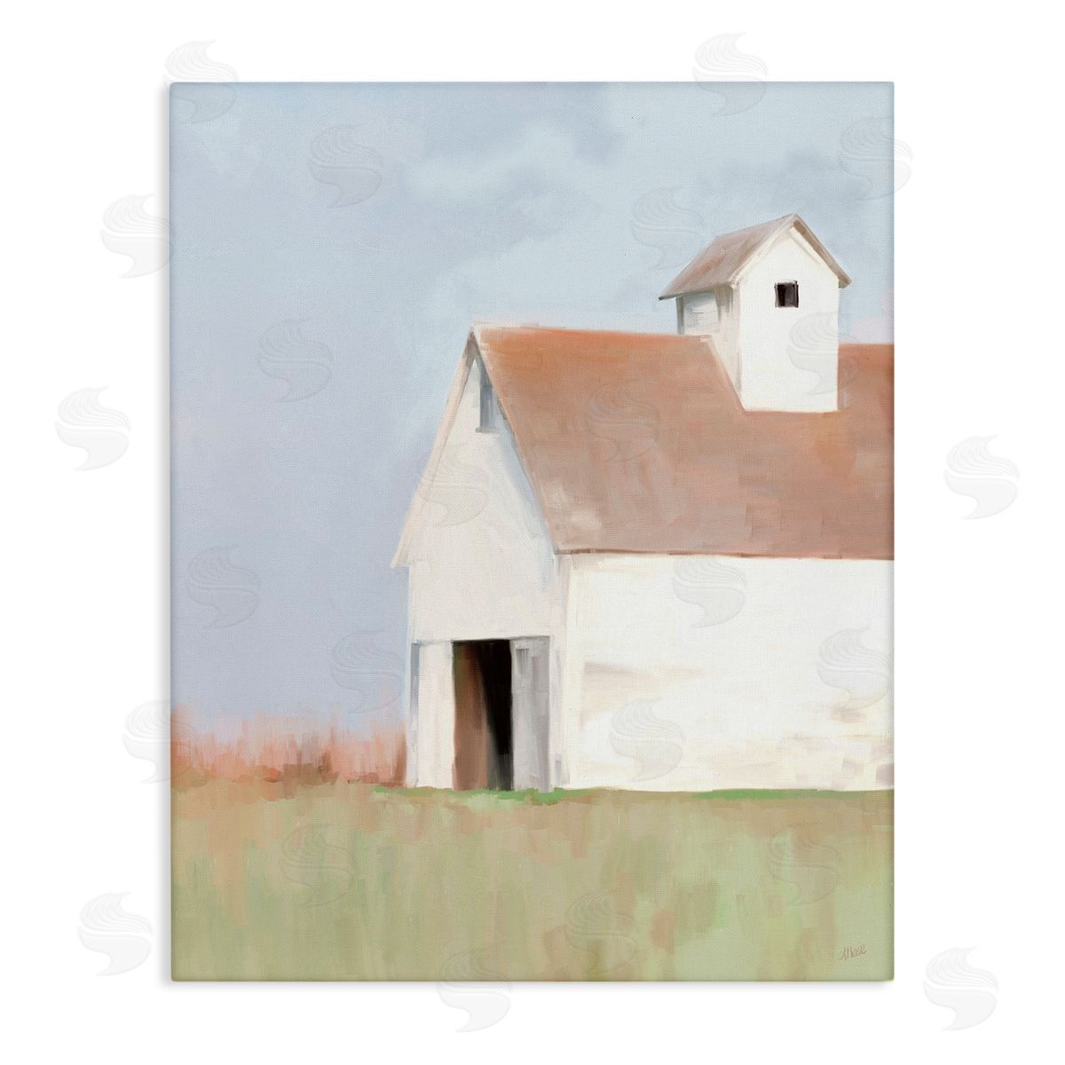 Amy Hall Rural Countryside Field Casual White Barn House  Stretched Canvas Wall Art Print