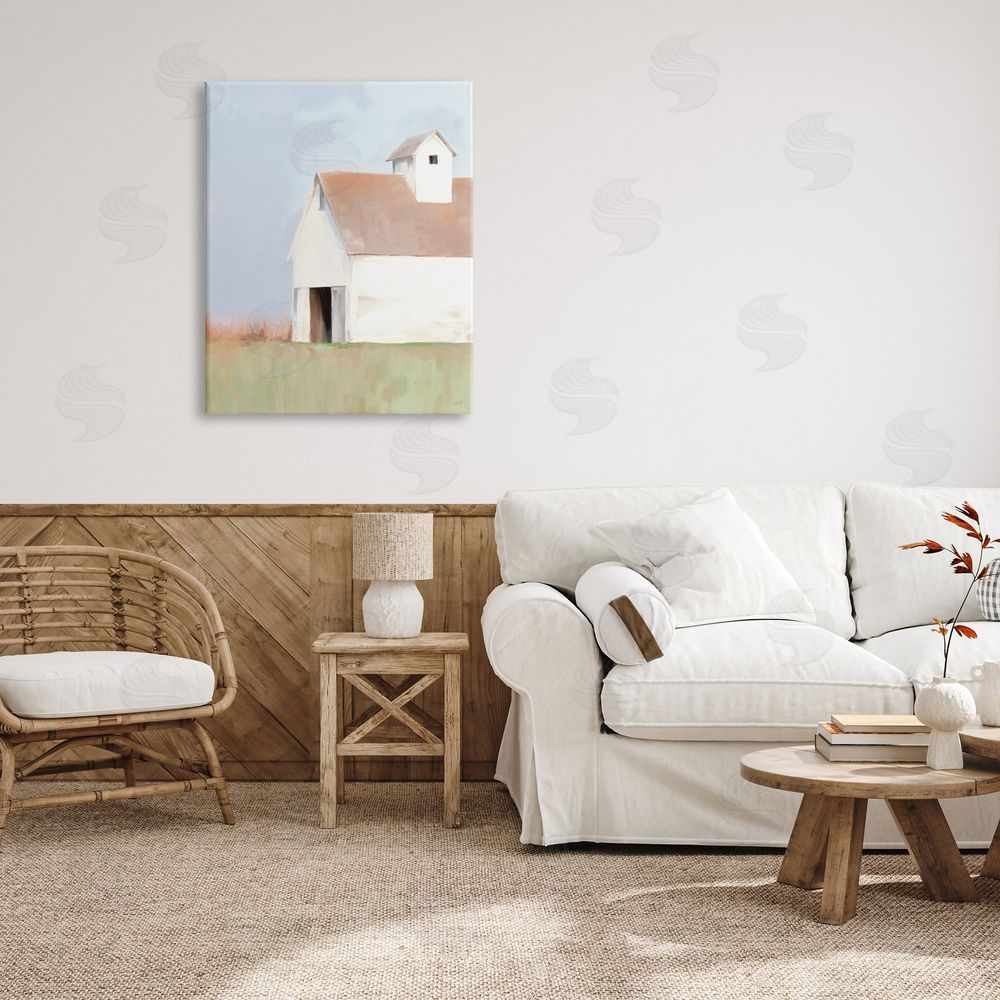 Amy Hall Rural Countryside Field Casual White Barn House  Canvas Wall Art Print in Room