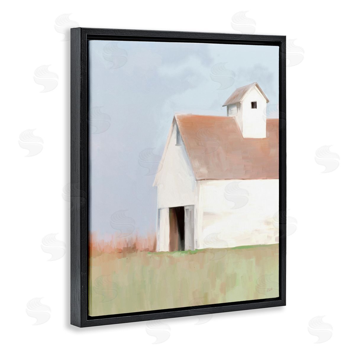 Amy Hall Rural Countryside Field Casual White Barn House  Black Floating Frame Canvas Wall Art Print