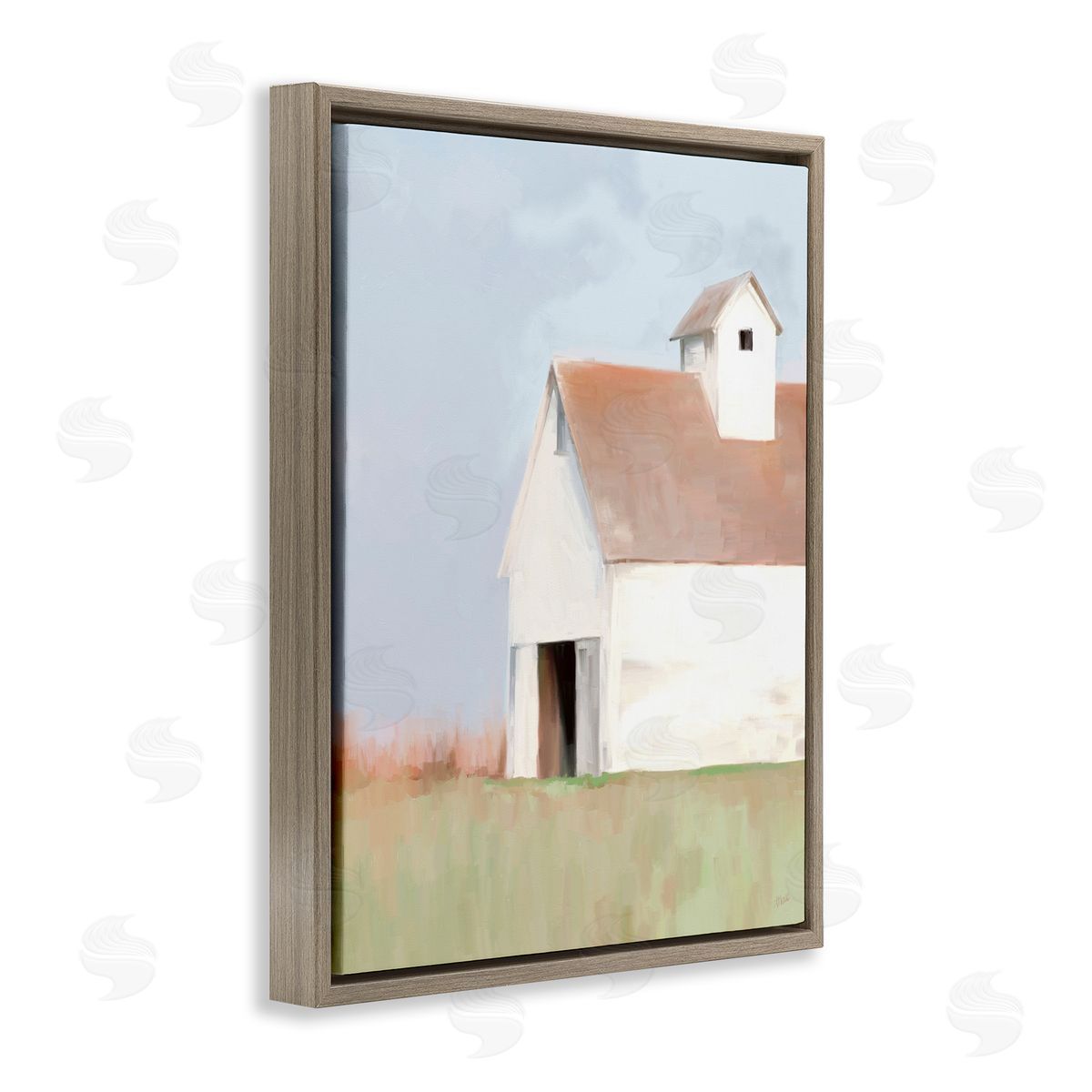Amy Hall Rural Countryside Field Casual White Barn House  Brown Floating Frame Canvas Wall Art Print