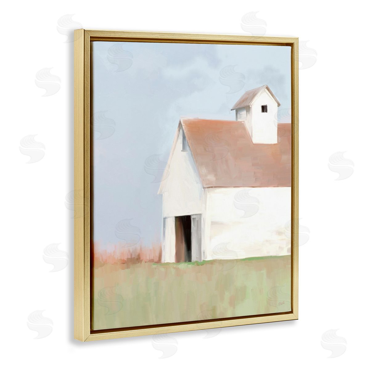 Amy Hall Rural Countryside Field Casual White Barn House  Gold Floating Frame Canvas Wall Art Print