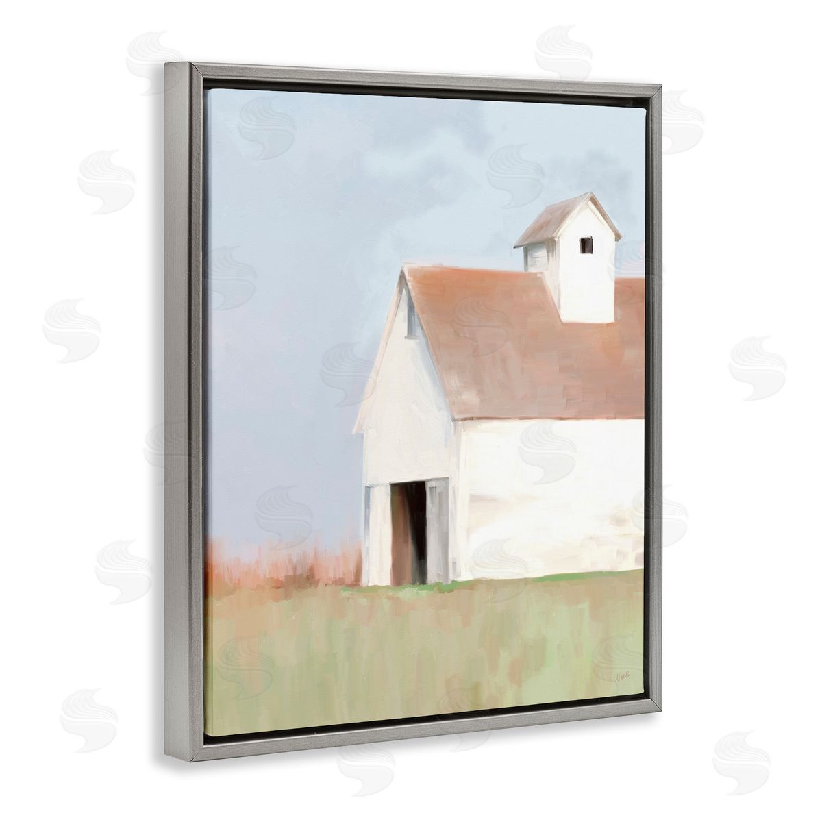 Amy Hall Rural Countryside Field Casual White Barn House  Gray Floating Frame Canvas Wall Art Print