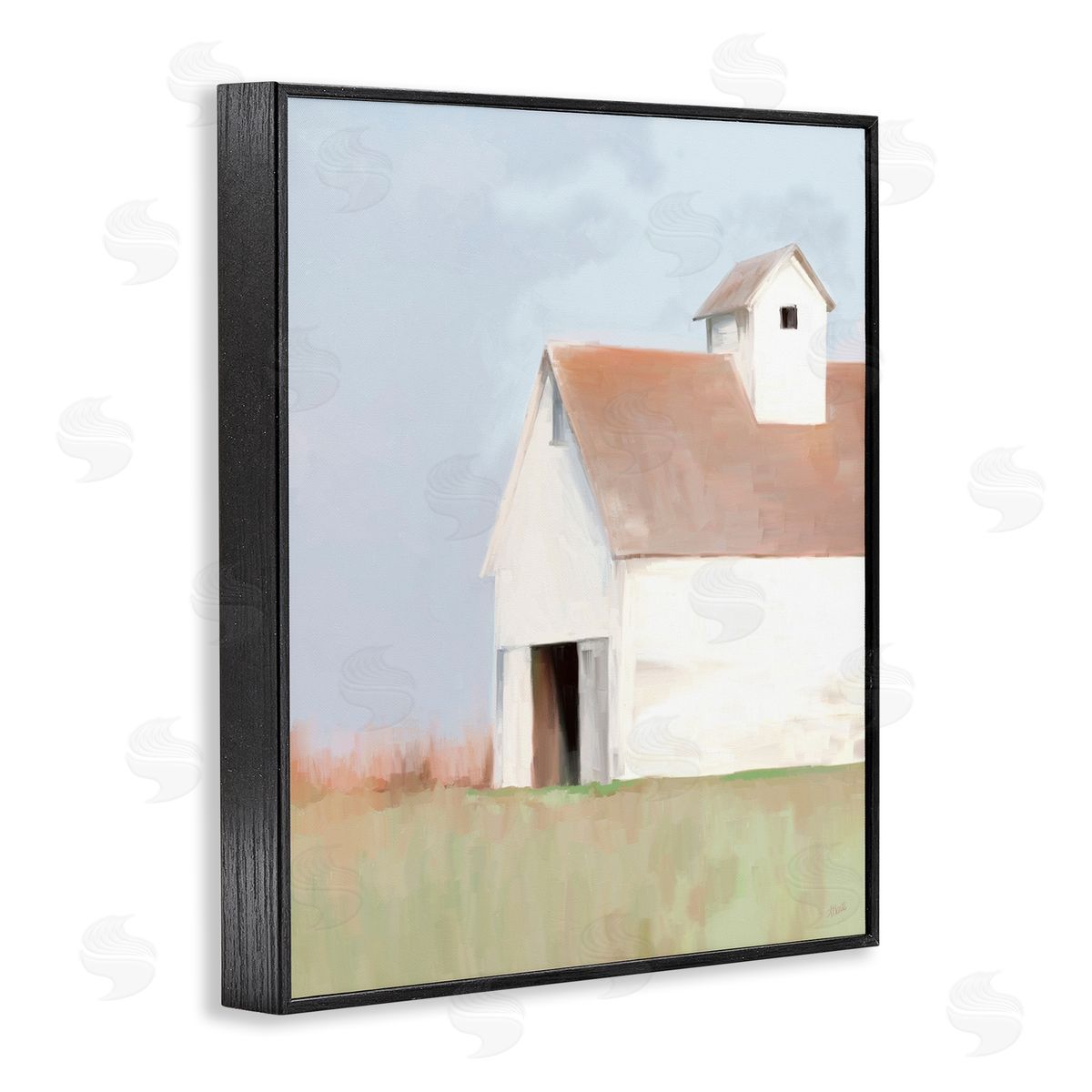 Amy Hall Rural Countryside Field Casual White Barn House  Black Framed Giclee Wall Art Print