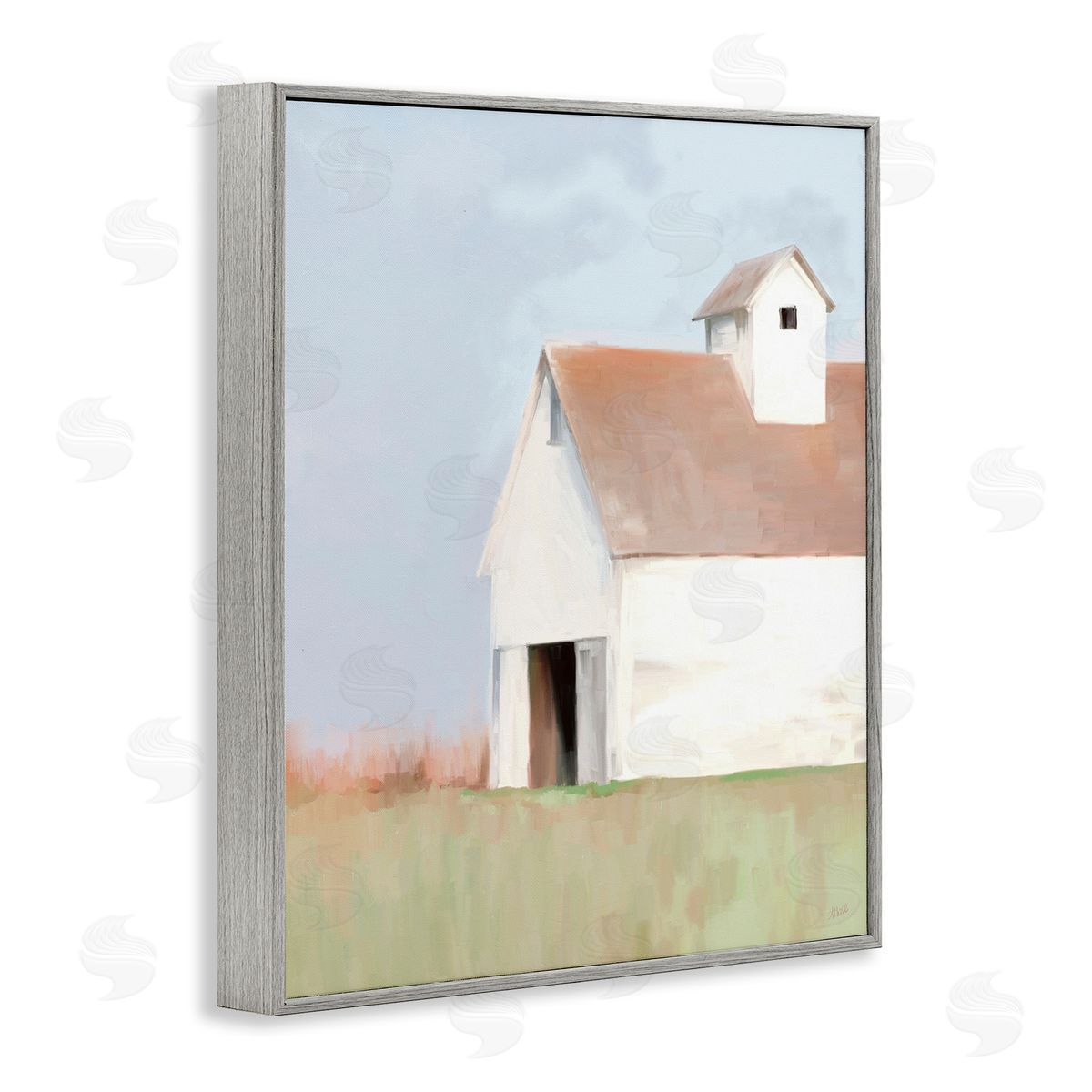 Amy Hall Rural Countryside Field Casual White Barn House  Gray Framed Giclee Wall Art Print