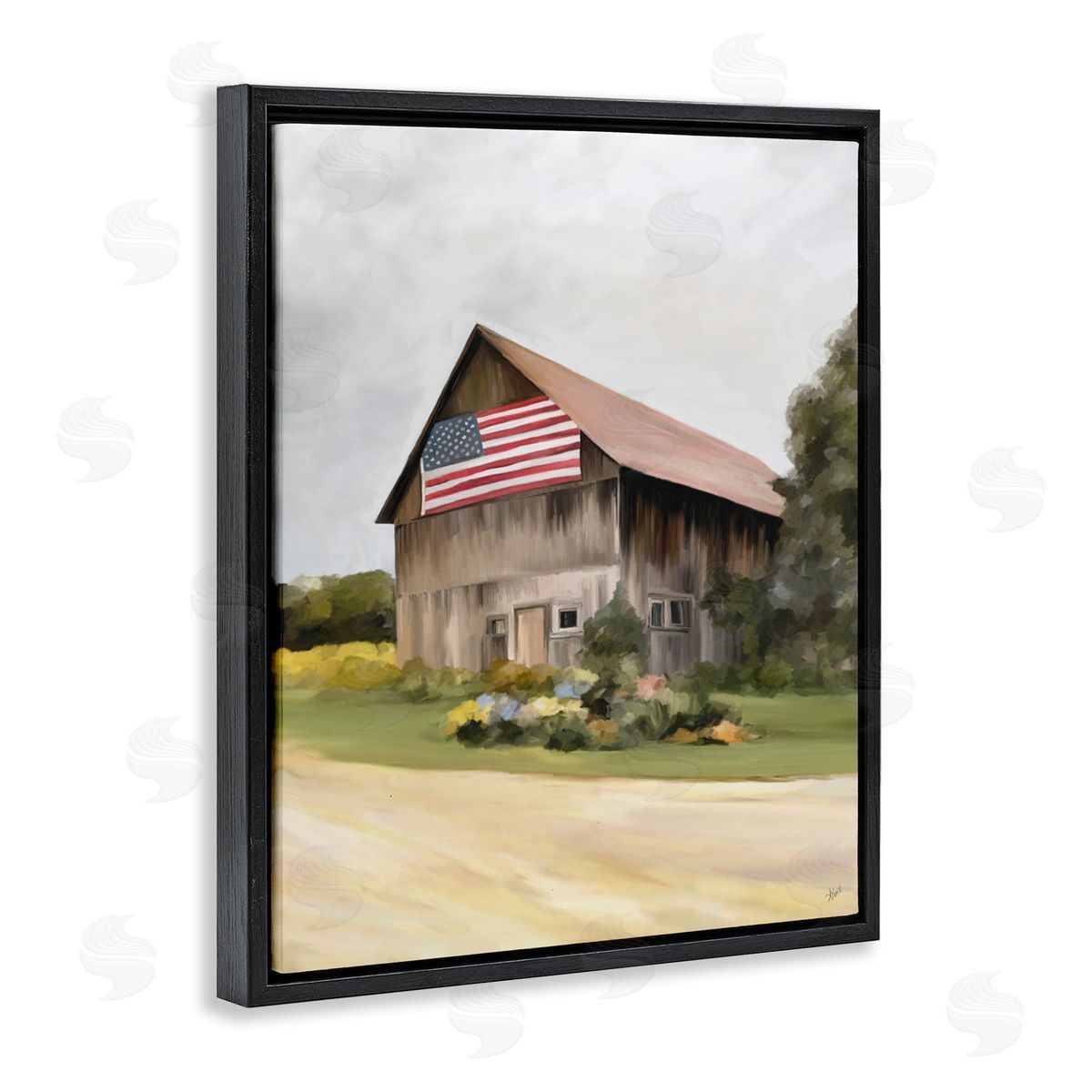 Amy Hall Rural Americana Home Countryside Farm Flag Painting Black Floating Frame Canvas Wall Art Print
