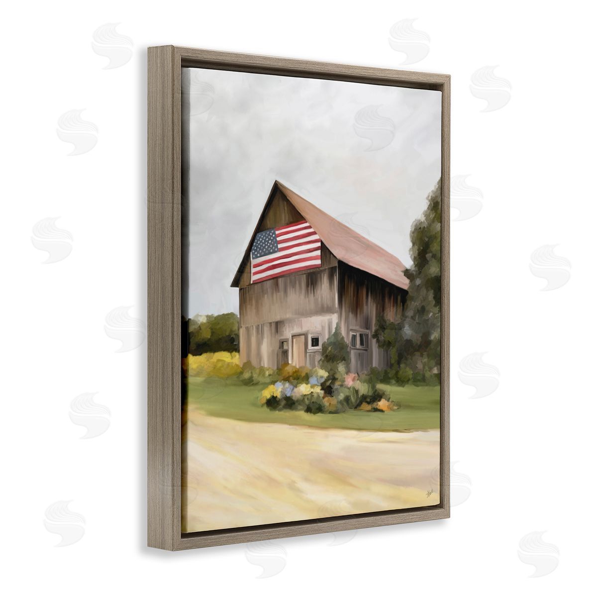 Amy Hall Rural Americana Home Countryside Farm Flag Painting Brown Floating Frame Canvas Wall Art Print