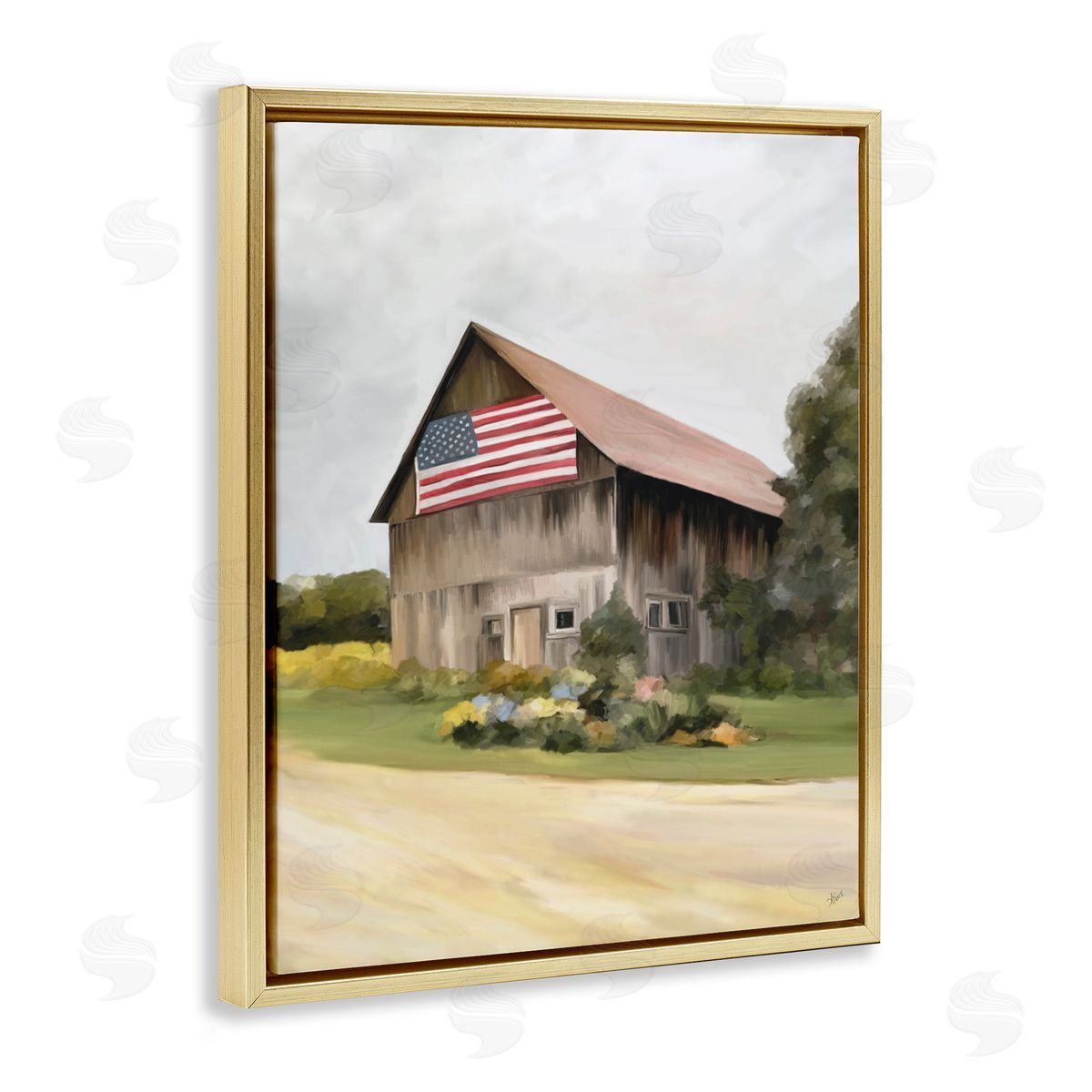 Amy Hall Rural Americana Home Countryside Farm Flag Painting Gold Floating Frame Canvas Wall Art Print