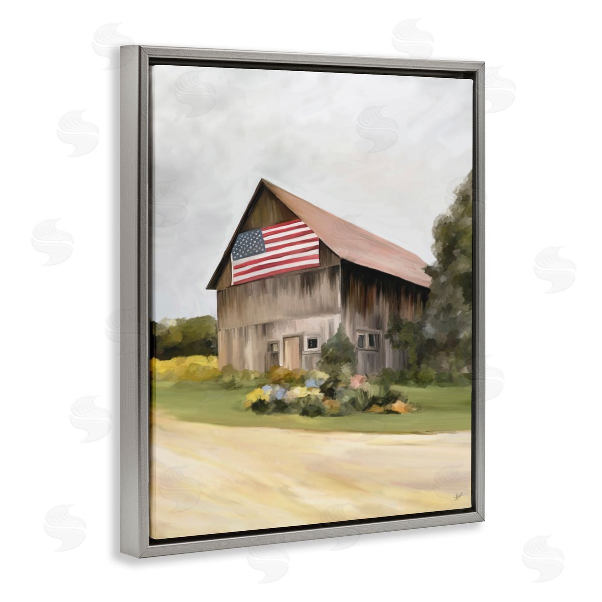 Amy Hall Rural Americana Home Countryside Farm Flag Painting Gray Floating Frame Canvas Wall Art Print