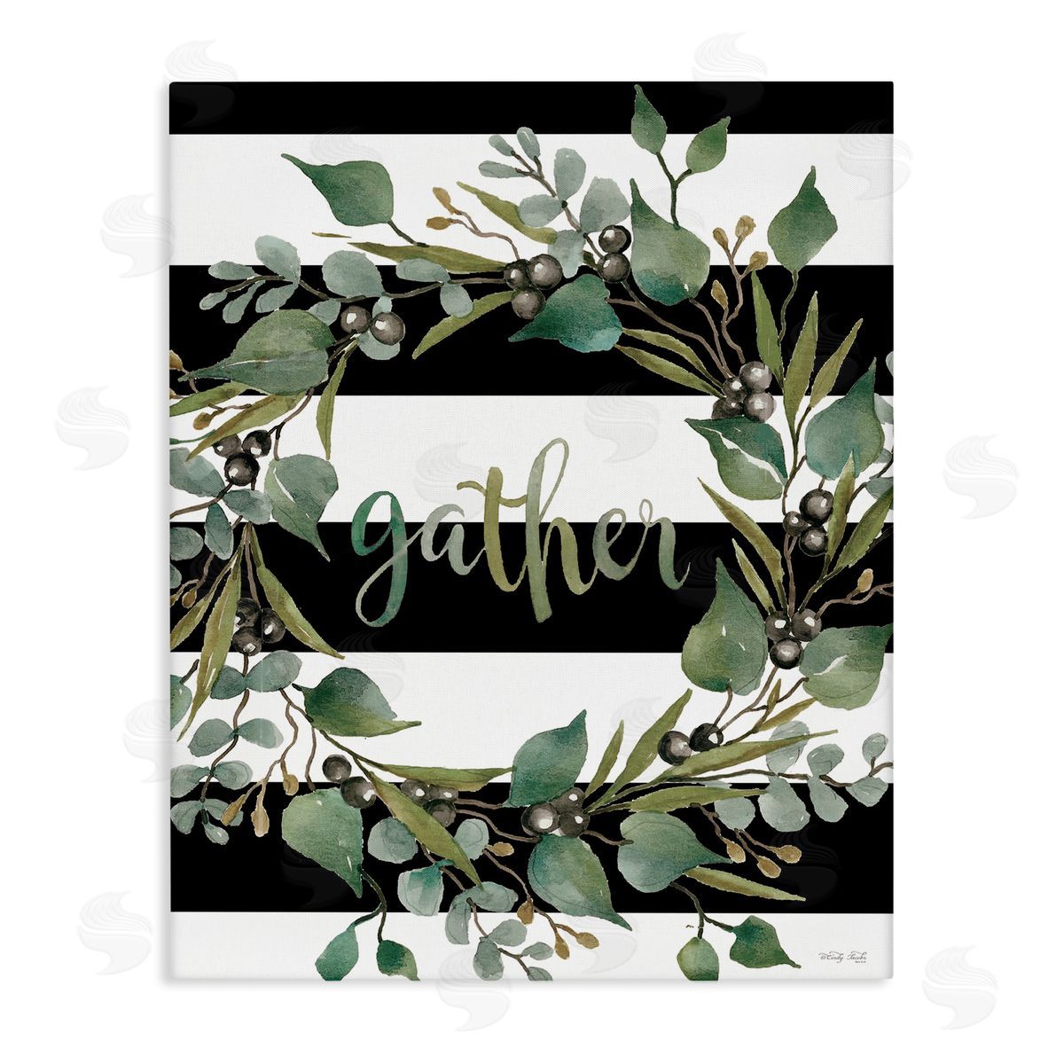 Cindy Jacobs Gather Calligraphy Stripes Pattern Wreath Botanicals Leaves Stretched Canvas Wall Art Print