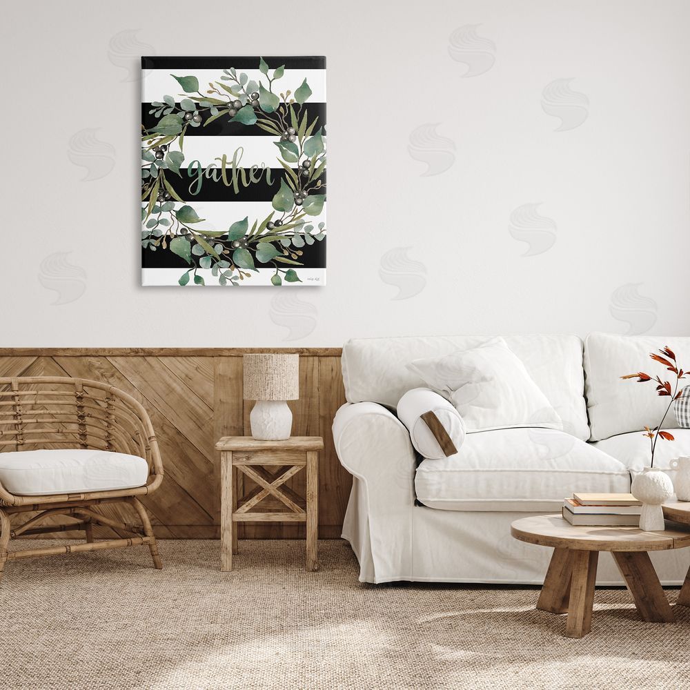 Cindy Jacobs Gather Calligraphy Stripes Pattern Wreath Botanicals Leaves Canvas Wall Art Print in Room